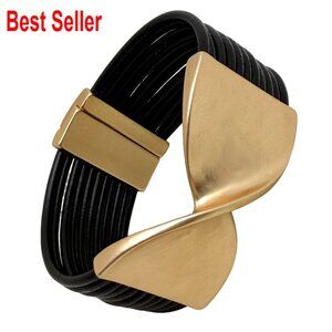 Leather Wrap Bracelet Gold Bow Knot Chunky Layered Bangle